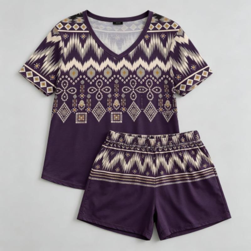 Summer Geometric Wavy Lines Pattern Printed V- Neck Short Sleeved T-Shirt And Shorts Set Women's and Men's T-shirt Shorts Set