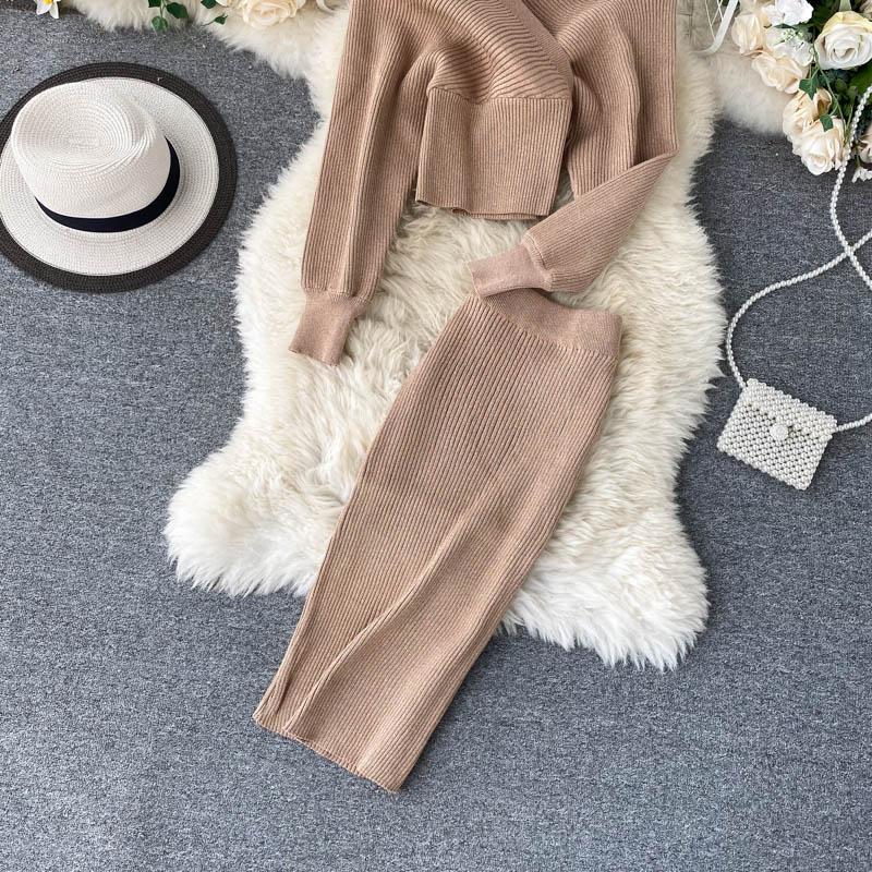 Весенний новый модный костюм в иностранном стиле с v-образным вырезом и рукавами «летучая мышь», вязаный свитер, женская юбка с высокой талией и запахом, комплект из двух предметов