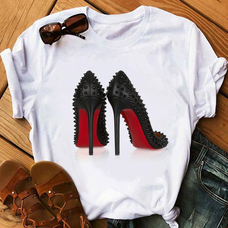 New Women's T-Shirt Pink High Heel Top Female T Shirts Lady Luxury Make Up Paris Style Shirt Harajuku Summer Tops Short Clothes