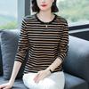 Large Size Loose Cotton Long Sleeve T-shirt Women's Middle-aged and Elderly Clothes Autumn Clothes Striped Base Layer Shirts