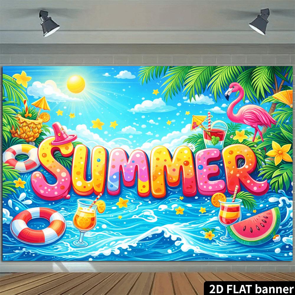 2D plane summer beach party backdrop fabric with large-sized letters as the core complemented by pink color.