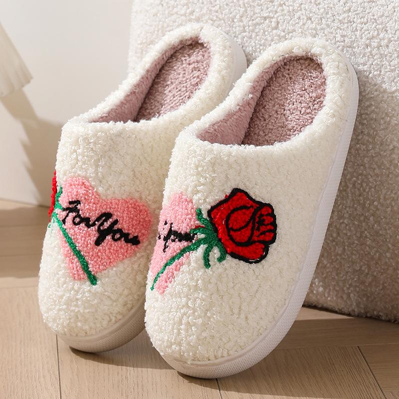 2024 Новые пушистые тапочки для мужчин и женщин с рисунком роз, зимние теплые хлопковые тапочки с обхватом пальцев, для пар, для дома, на плоской подошве, нескользящая обувь для дома