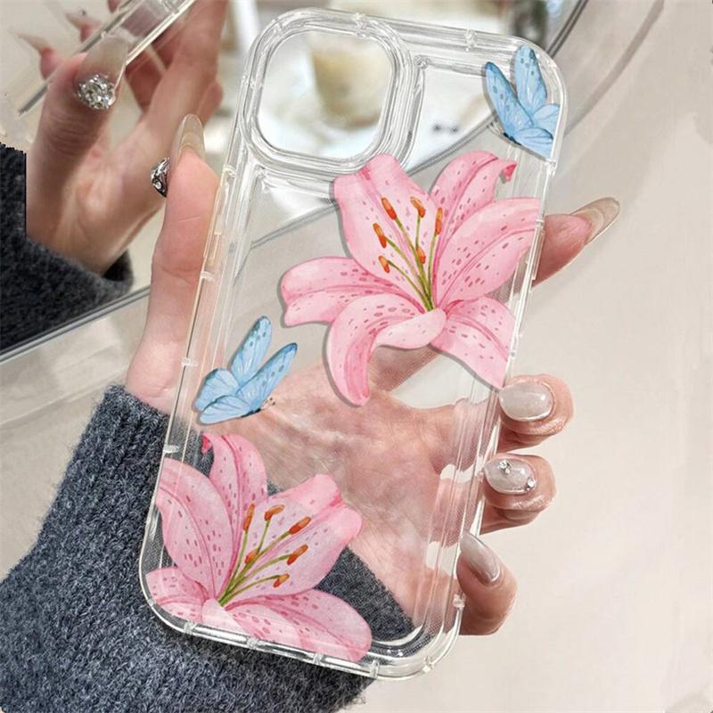 Ins Style Pink Flower Lily Pattern Phone Case for Redmi Note 13 12 11 Pro Plus 5G 12S 11S Redmi 12C 13C Transparent Cover