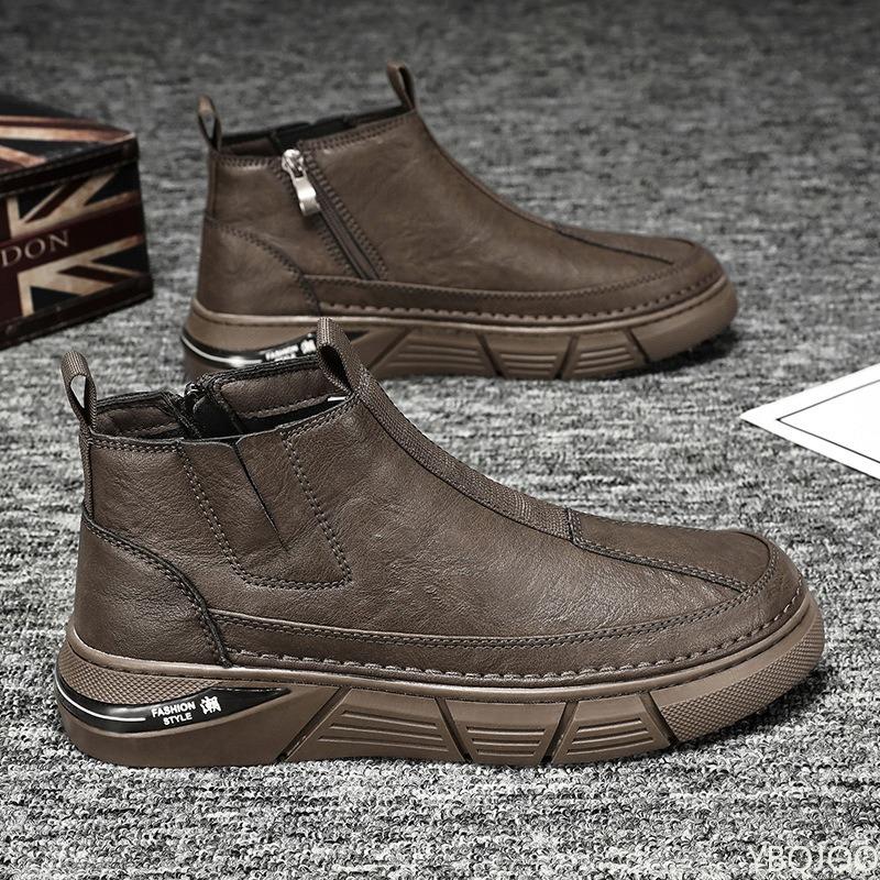 Новые однотонные мужские ботинки с круглым носком и средней молнией, качественные, повседневные, модные, универсальные мужские ботинки на плоской подошве для рабочей одежды