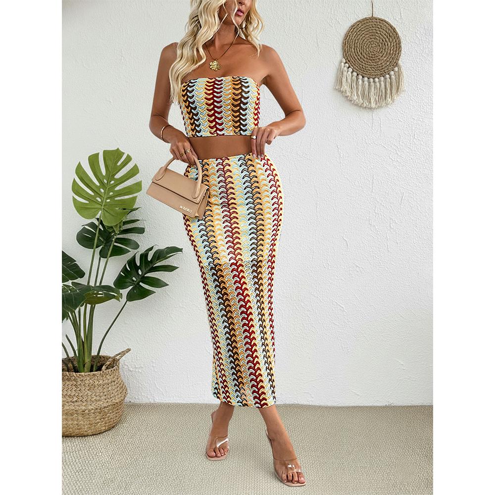 Women's Boho Skirt Sets Embroidery Bandeau Tube Top Bodycon Madi Skirt Summer Trendy Dressy Outfits