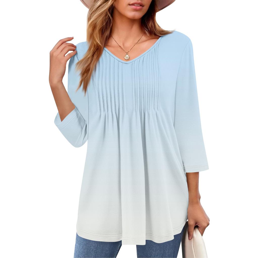 Женские топы с V-образным вырезом и рукавом три четверти в полоску, плиссированные, повседневные, летние, модные, рубашки