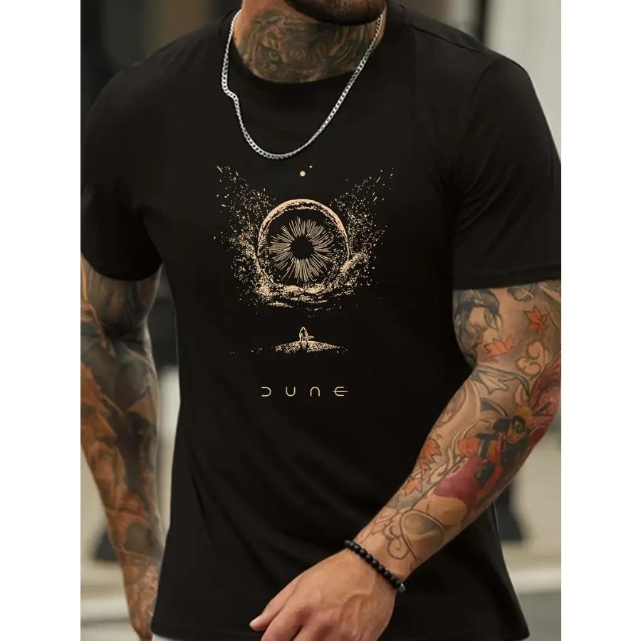 Мужская повседневная футболка с коротким рукавом - Круглый вырез, Мягкая полиэстеровая ткань, Геометрический дизайн черными линиями, Летняя футболка в повседневном стиле