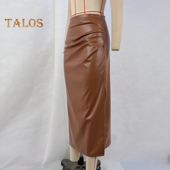 Юбка миди из искусственной кожи, женская универсальная однотонная облегающая юбка с разрезом и плиссированным дизайном, повседневная одежда