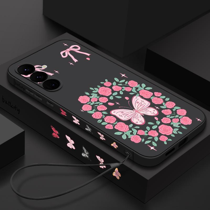 Винтажный чехол с цветами и бабочками для Samsung Galaxy A56 A17 A26 A16 A36 A55 A54 A53 A15 S24 S25 FE S25 S22 S23 Ultra Plus с ремешком, мягкая обложка