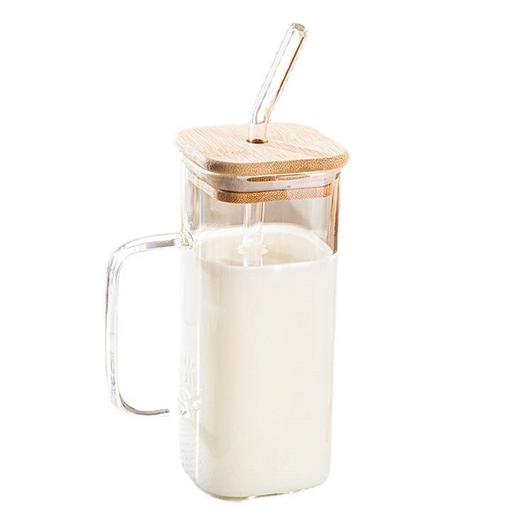 High Value Glass Straw Cup with Cover Square Color Handle Transparent Glass Milk Tea Flat Bottom Single Layer Cup
