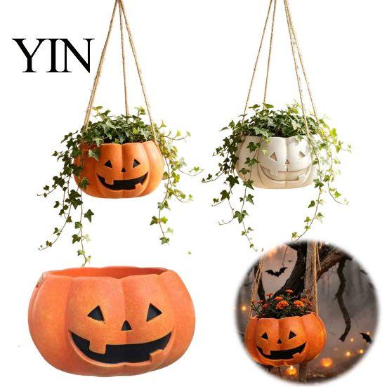 Versatile Tabletop Plant Vessel Pumpkin Shaped Hanging Pot, 4.3 Inch Lightweight Resin Flower Adjustable Decorative Container Rope Mini Pots