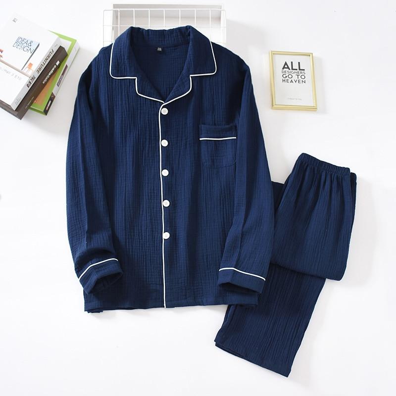 New Spring and Autumn Pure Cotton Crepe Cloth Couple Soft and Breathable Men Long-sleeve Simple Home Service Two Piece Set