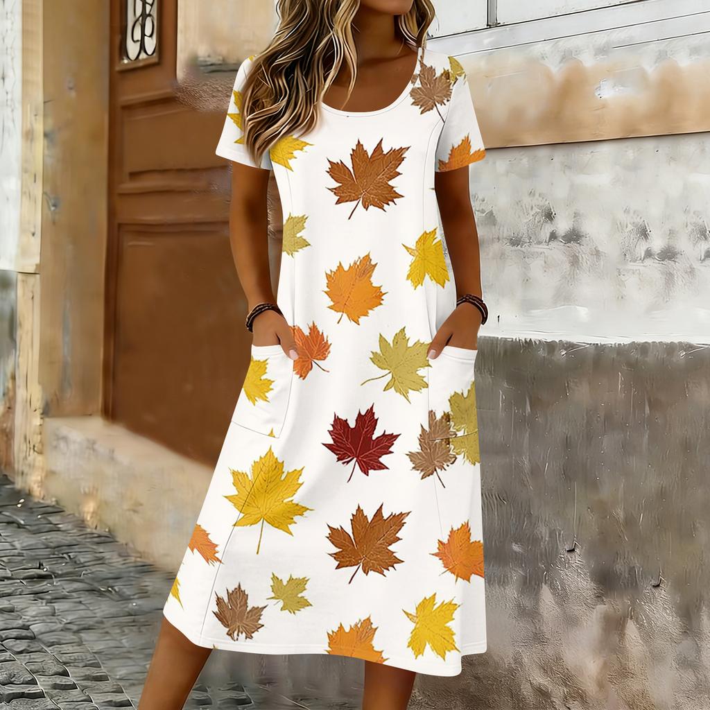 Women’s Short Sleeve Midi Dress with Maple Leaf Print Relaxed Fit Crew Neck Casual Pockets Soft Fabric Comfortable Wear