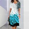 Women's Fashion Dress Round Neck Short Sleeve Elegant Knee Length Dress Flower Print Dress Summer Casual PartyFit Dress