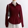 Fashion sweet striped waist and thin shirt French sexy stand-up collar European and American long-sleeved top