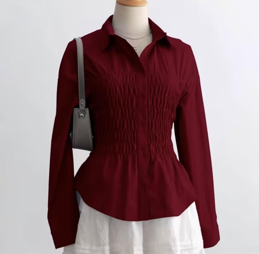 Fashion sweet striped waist and thin shirt French sexy stand-up collar European and American long-sleeved top