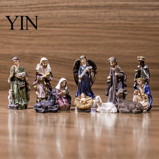 Hand Painted Resin Figures 11 Pcs Christmas Nativity Scene Set, Mini Figurines Tabletop Decor, Jesus Birth Decor Holy Family Angel Shepherd