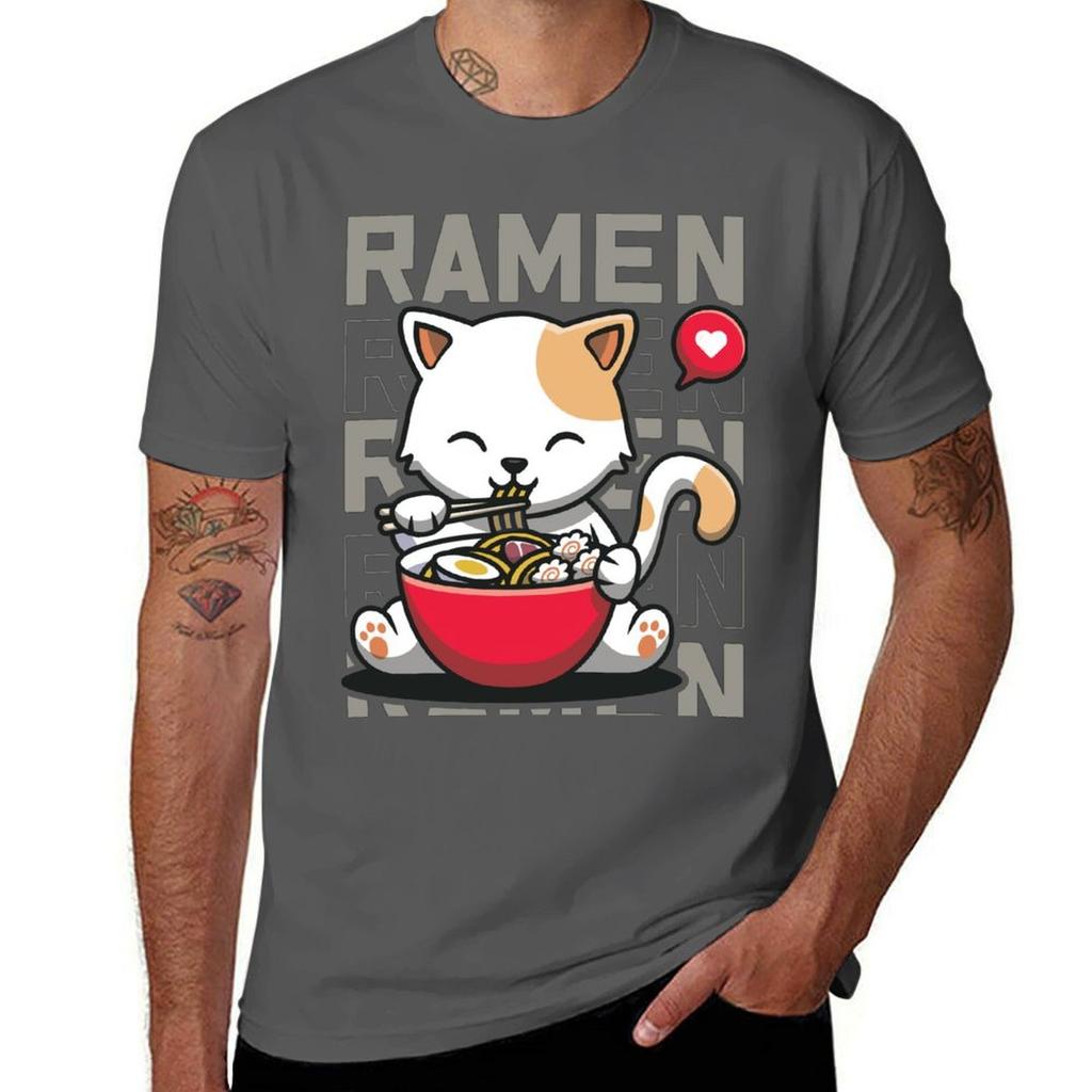 Cute Cate Eating Raunisex Noodles Kawaii Kittie Eating Japanese Noodle Tshirt Unisex T Shirts High Quality Luxury Brand Tshirt