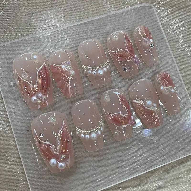 10 шт. 3D стереоскопические русалки ручной работы накладные ногти короткие кошачий глаз жемчужные французские типсы для нейл-арта