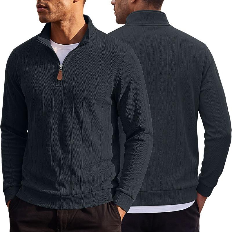 Men S Casual Half Zip Stand Collar Long Sleeve Vertical Striped Jacquard Sweatshirt