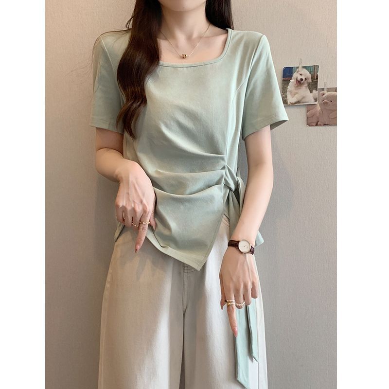 Irregular summer bottoming shirt large size women's short drawstring T-shirt short sleeve T-shirt round neck niche v-neck strap French