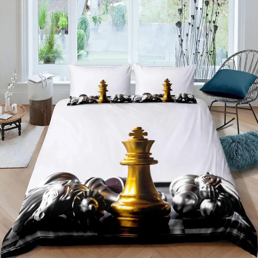 International Chess Duvet Cover Set Queen Size Chess Lovers Постельное белье для детей и взрослых Микрофибра Черная основа 23 шт Пододеяльник