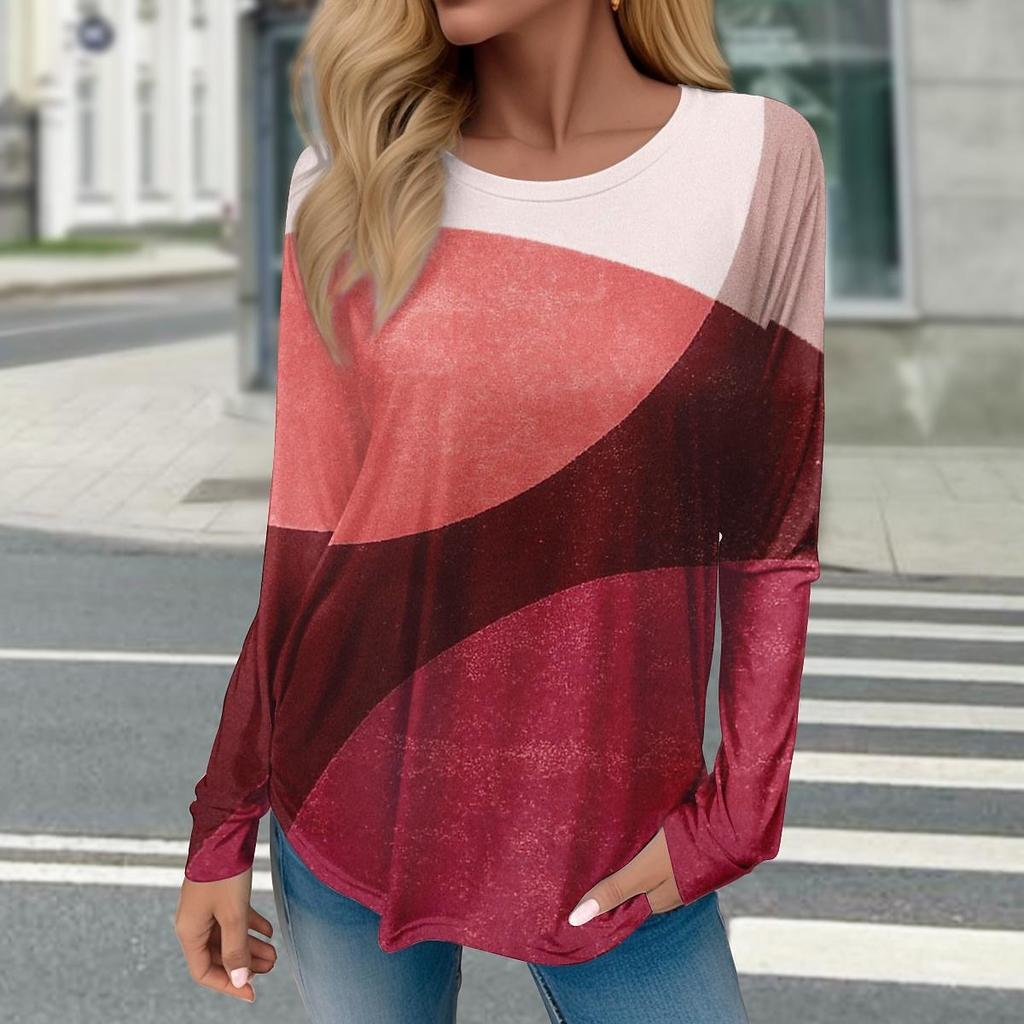 Women Geometric Print Winter Cotton T Shirt Contrast Vintage Long Sleeve Printed Loose Shirts Top Spring Autumn Elegant Lady Tee