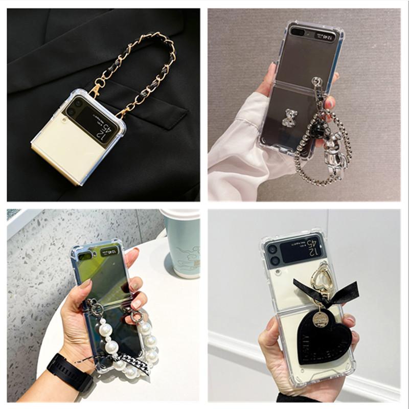 Симпатичный кожаный браслет-цепочка с бусинами, медведем и цветком, чехол для телефона для Samsung Galaxy Z Flip 4 Z Flip 3, прозрачный противоударный Z-откидной чехол Para