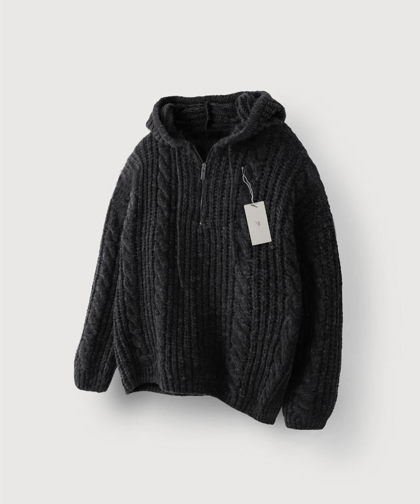 MOOD INSIDE Cable Knit Half-Zip Hoodie_Charcoal