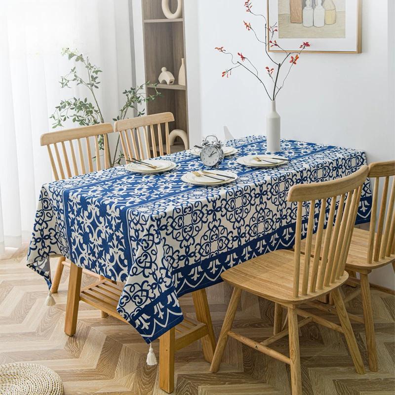 Blue and White Porcelain Patterned Rectangular Tablecloth Chinese Style Floral Table Cover Cotton Dustproof Tabletop Cover