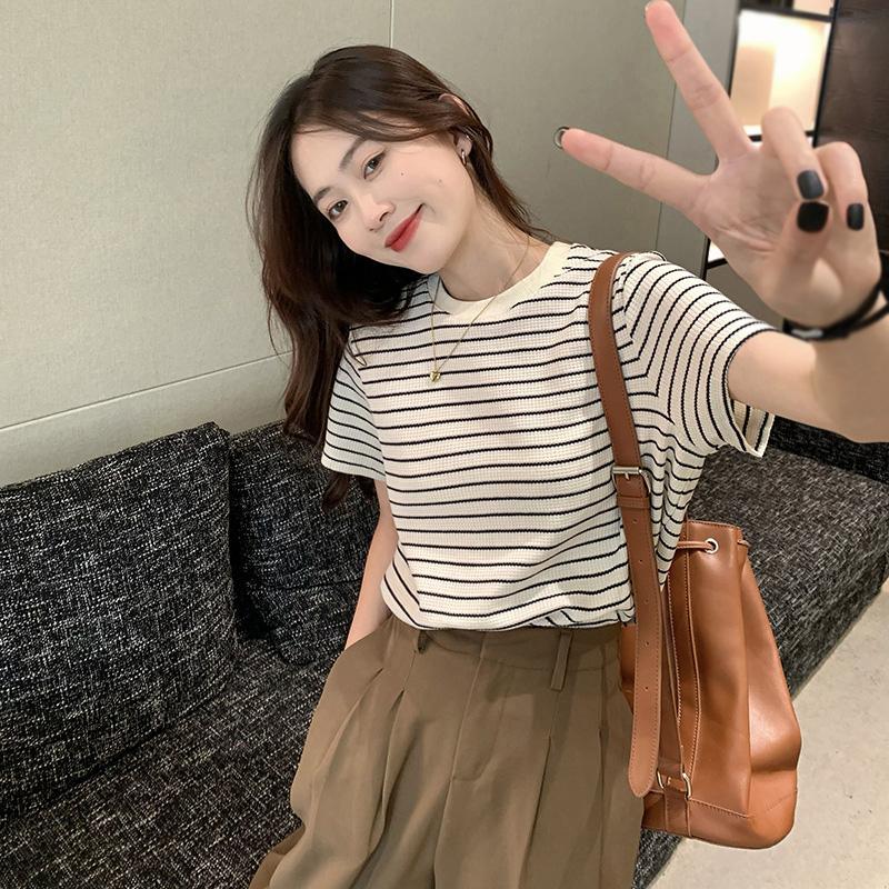 Футболки в полоску для женщин Топы с короткими рукавами Женская футболка