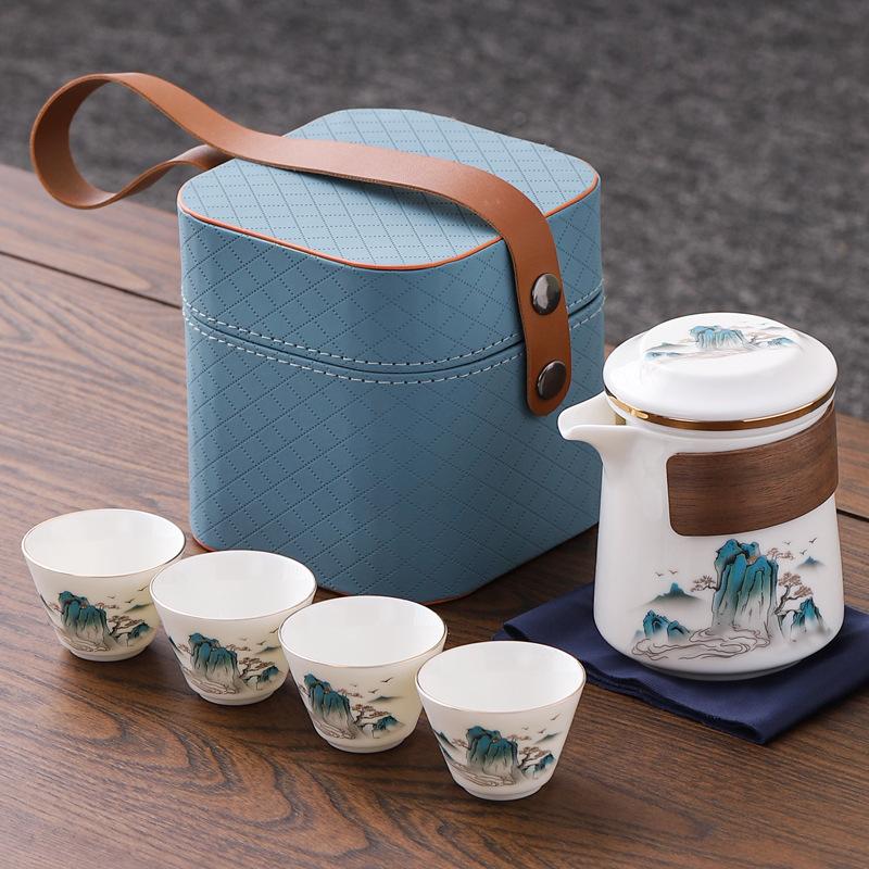 Suet Jade Kuaike Cup One Pot Four Cups Portable Bag Travel Tea Set Outdoor Tea Cup Hand Grab Pot Portable