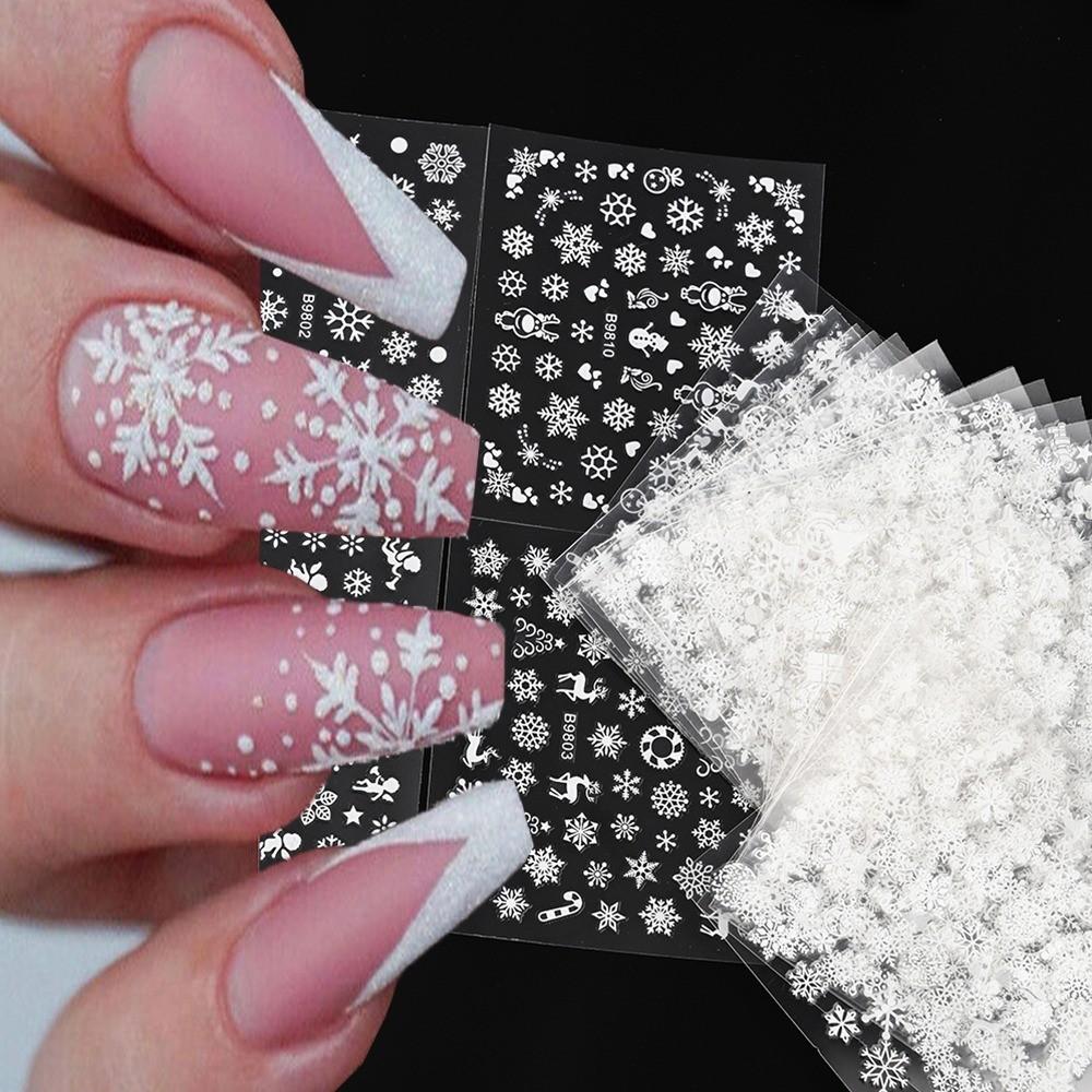 30pcs Xmas White Snowflake Nail Art Stickers 3D Self Adhesive Christmas Nail Decals DIY Nail Supplies Nail Sliders for Children