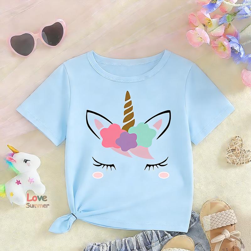 Девочкам 4-14 лет Милая футболка с принтом единорога Повседневная с коротким рукавом Удобная универсальная футболка Топы на лето 2026