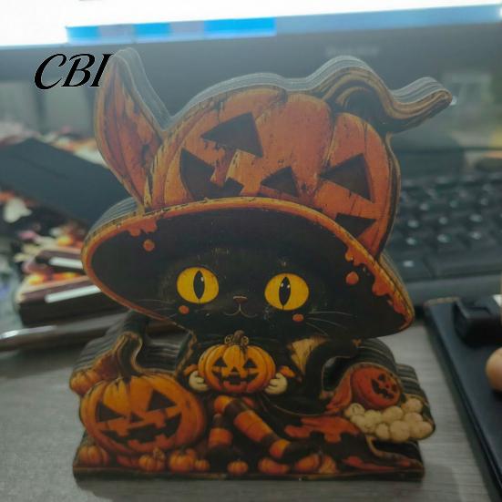 Wooden Desktop Ornaments Halloween Tabletop Decor, Whimsical Black Cat Witch Pumpkin Skeleton Gifts for Kids Figurines, Centerpiece Home Store Window