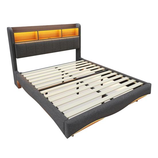 Bed with LED Light Suspended Design Upholstered 140x200cm Linen Fabric Multifunctional Storage Light USB And Type-C Interface Beige