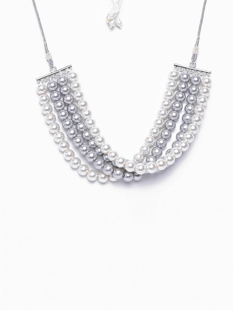 Estele Dreamy White and Silver Grey Four Line Pearl Necklace