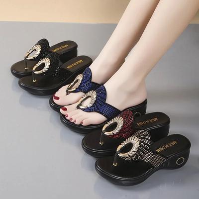 2025Ретро Женские Летние Новые Платформа Клин Стразы Шлепанцы Сандалии Модные Удобные Высокий Толстый Каблук