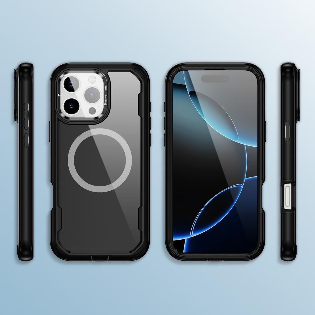 For iPhone 16 Pro Max Case Compatible with MagSafe Lens Frame Kickstand TPU + PC Shockproof Phone Cover