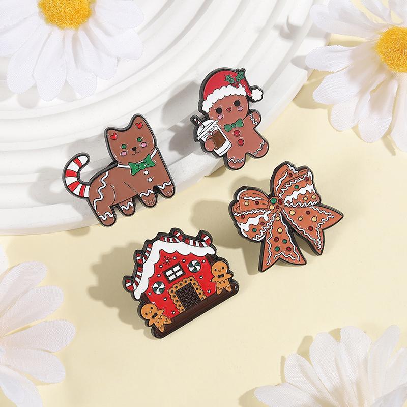 Christmas Gingerbread Man Enamel Pins Custom Bow Cookies Brooches Lapel Badges Clothes Funny Jewelry Gift for Kids Friends