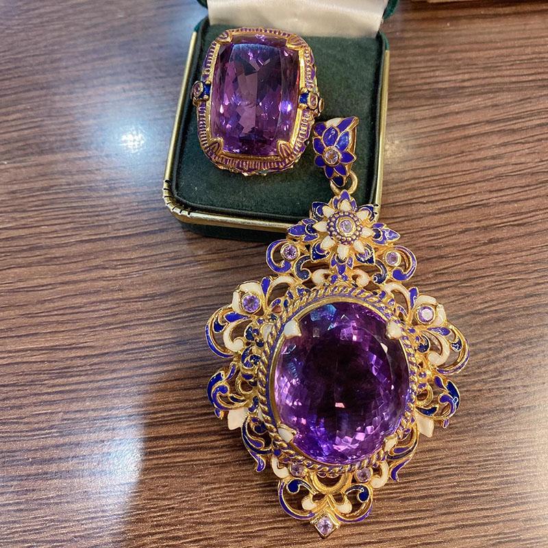 New Vintage High Quality Oval Purple Stone Zircon Sets For Women Luxury Medieval Enamel Hollow Out Big Pendant Necklaces Rings