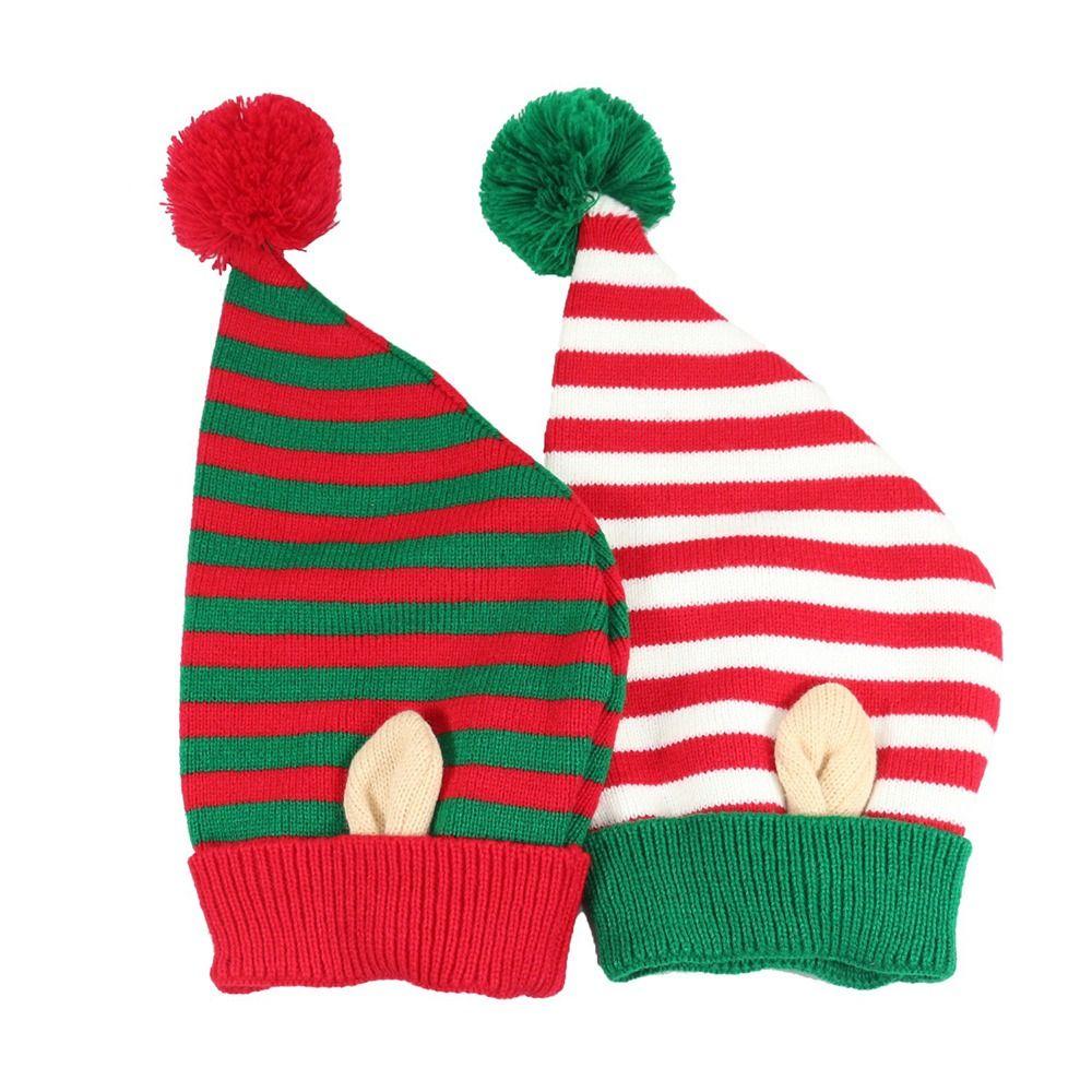 Christmas Holiday Gift Striped Pattern Christmas Hat Jacquard Wool Ball Xmas Cap with Small Ears Holiday Knitted Hat Winter