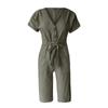 Women Summer Fashion Button Belted Wide Leg Jumpsuits With Pockets Solid Color Short Sleeves V Neck