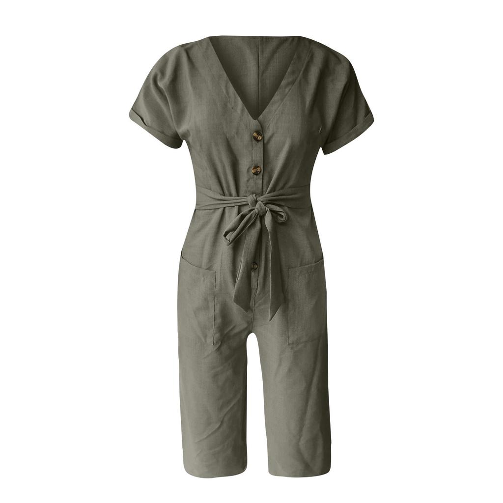 Women Summer Fashion Button Belted Wide Leg Jumpsuits With Pockets Solid Color Short Sleeves V Neck
