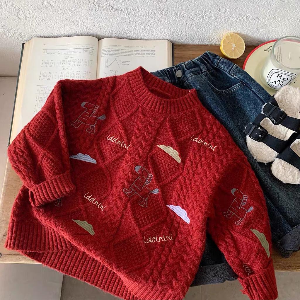 Kids Thick Red Knit Sweater for Boys and Girls Winter Festive Base Layer