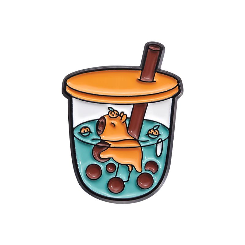Cute Animal Milk Tea Enamel Pins Custom Salamander Capybara Frog Fox Brooches Lapel Badges Animal Jewelry Gift for Kids Friends