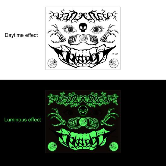 Наклейка на лицо с татуировками на Хэллоуин, светящаяся в темноте 3D-набор для макияжа ведьмы-зомби, водонепроницаемые съемные временные наклейки для татуировки ко Дню мертвых