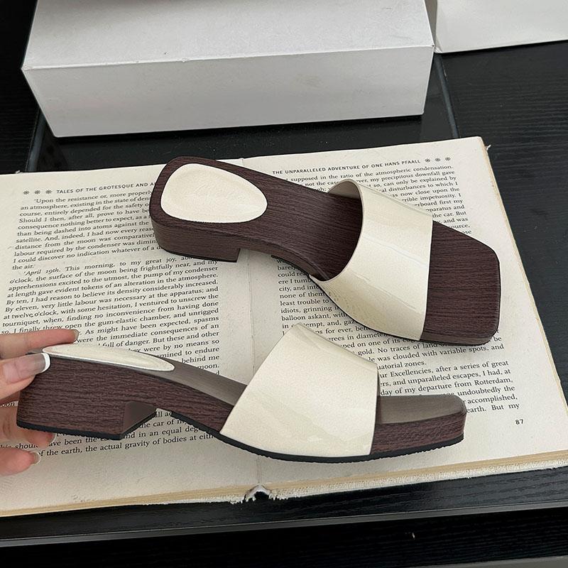 Fashion 2025 New Luxury Ladies Heeled Slippers Shoes Summer Beach Female Slides Sandals Fashion Square Toe Women Low Heel Slippers Shoes