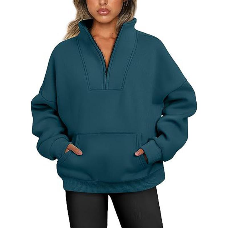 Women's Sweatshirt Stand Collar Solid Color Fashion Pocket Zipper Tops Casual Loose Fleece Ribbed Pullover