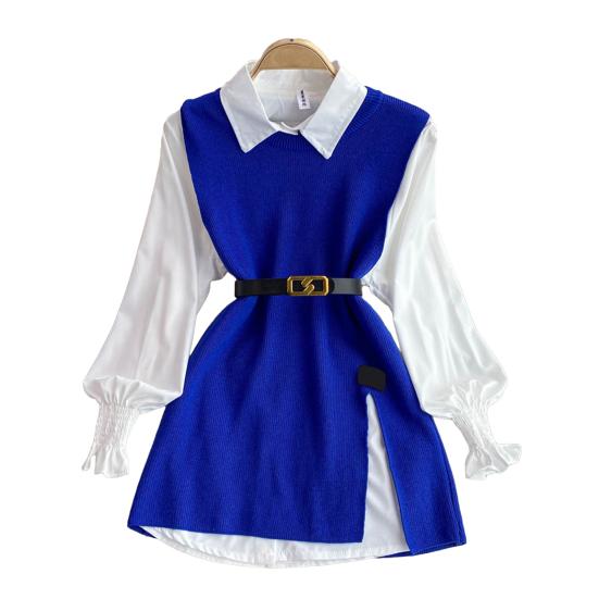 3Pcs/Set Women Shirt Vest Set Lapel Lantern Long Sleeve Single Breasted Shirt O-neck Side Slit Knitting Vest Set with Belt